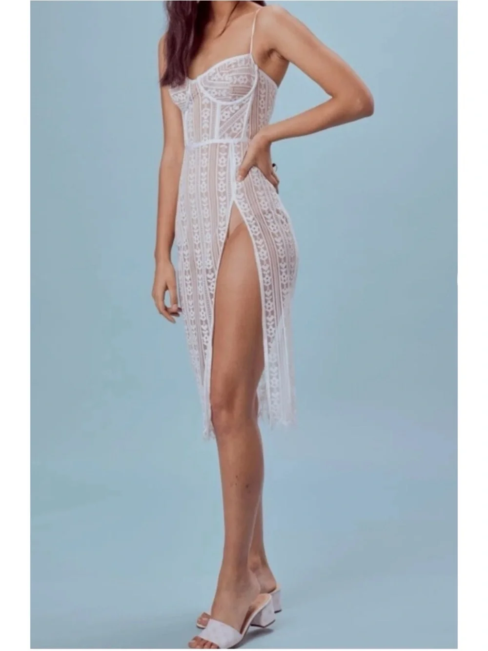 For Love & Lemons Dakota Lace Midi Dress White High Thigh Slit